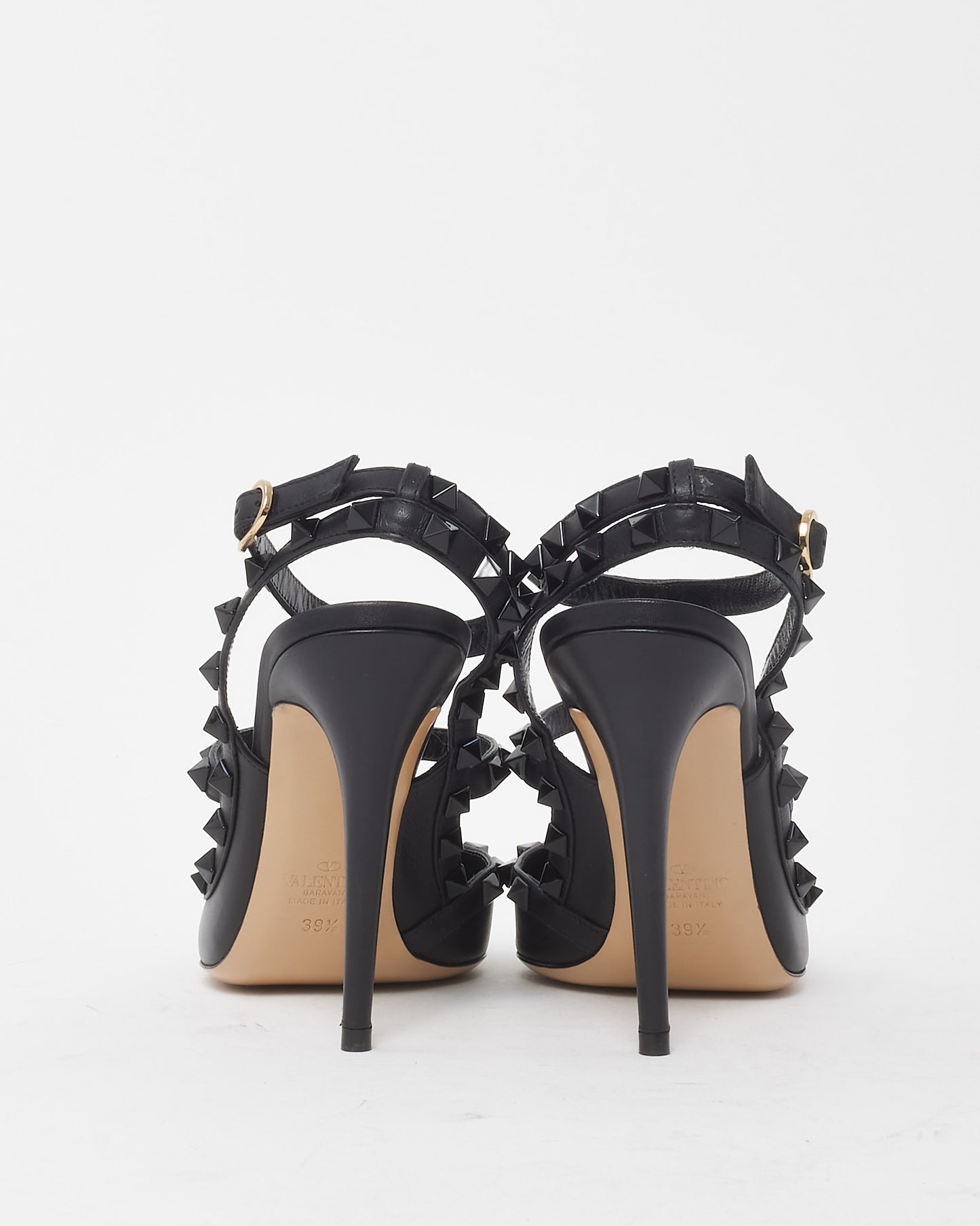 Valentino Black Leather Black Rockstud Ankle Strap 100mm Pointed Toe Pumps - 39.5