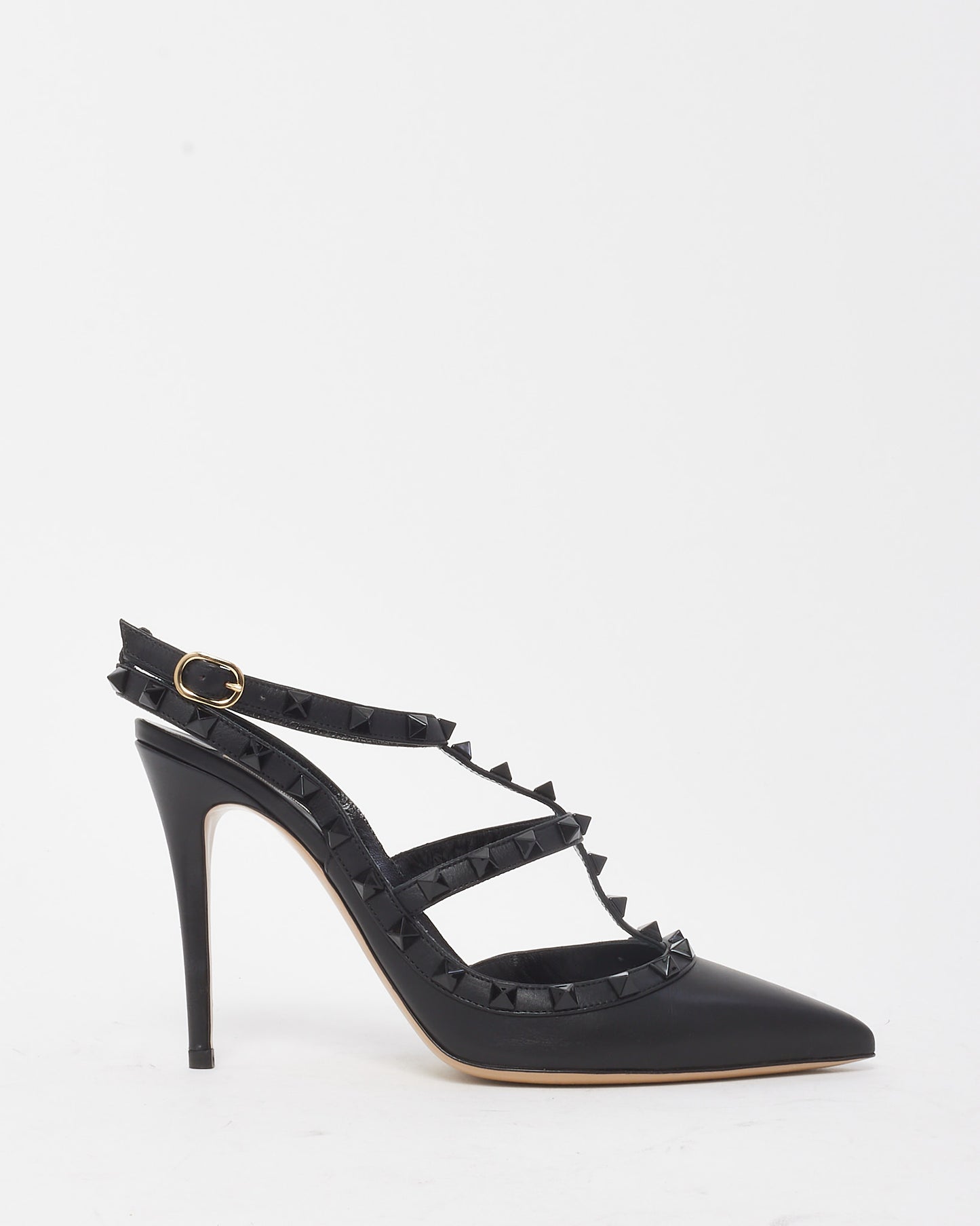 Valentino Black Leather Black Rockstud Ankle Strap 100mm Pointed Toe Pumps - 39.5