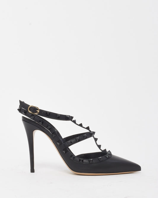 Valentino Black Leather Black Rockstud Ankle Strap 100mm Pointed Toe Pumps - 39.5