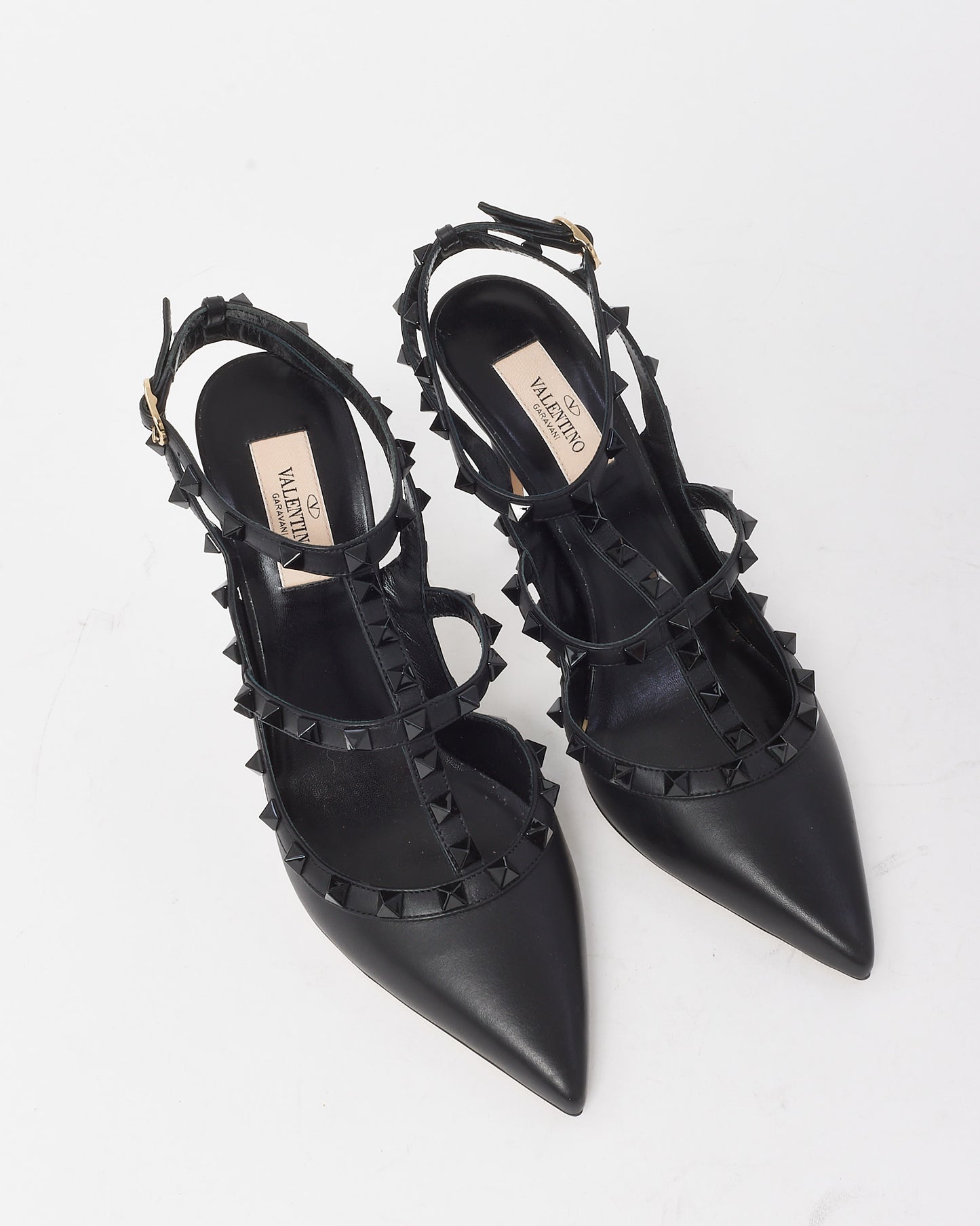Valentino Black Leather Black Rockstud Ankle Strap 100mm Pointed Toe Pumps - 39.5