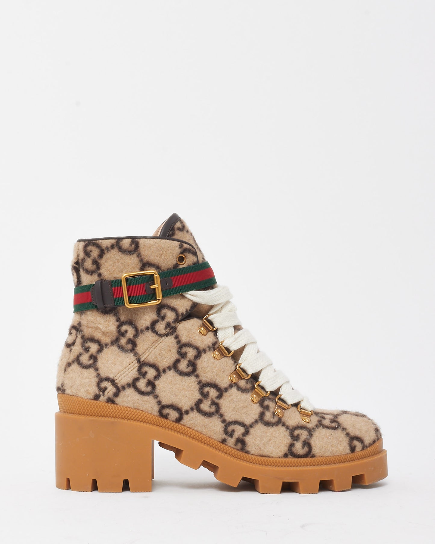 Gucci Beige GG Monogram Wool Web Buckle Lace Up Combat Ankle Boots - 39