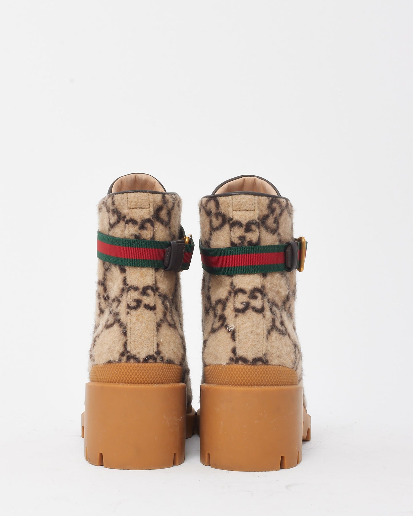 Gucci Beige GG Monogram Wool Web Buckle Lace Up Combat Ankle Boots - 39