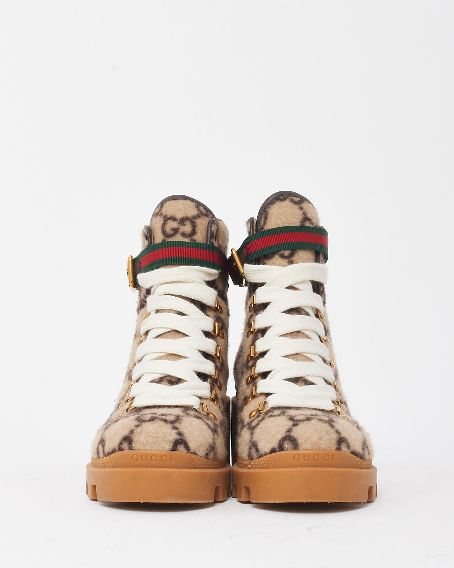 Gucci Beige GG Monogram Wool Web Buckle Lace Up Combat Ankle Boots - 39