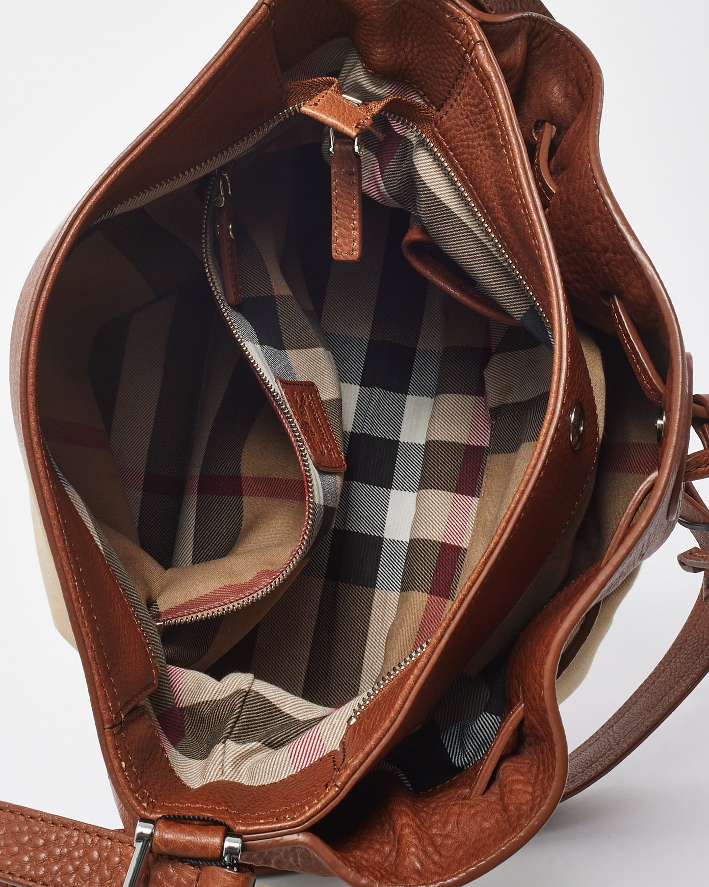 Burberry Tan Leather and Beige Canvas Logo XL Bucket Bag