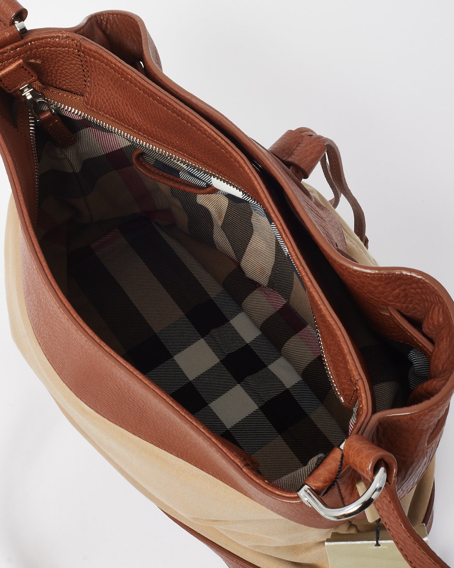 Burberry Tan Leather and Beige Canvas Logo XL Bucket Bag