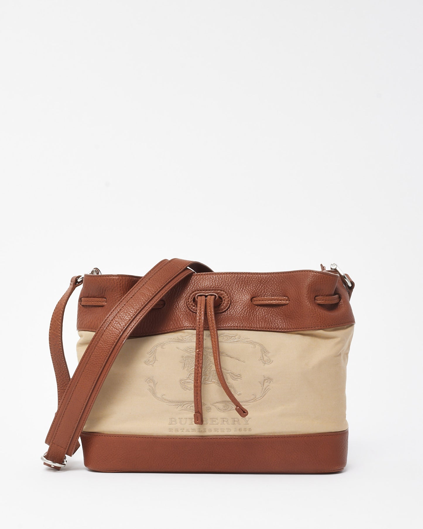 Burberry Tan Leather and Beige Canvas Logo XL Bucket Bag