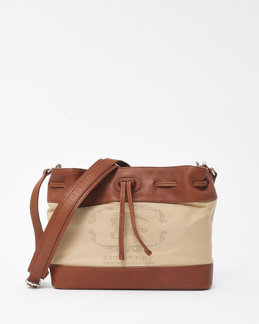 Burberry Tan Leather and Beige Canvas Logo XL Bucket Bag