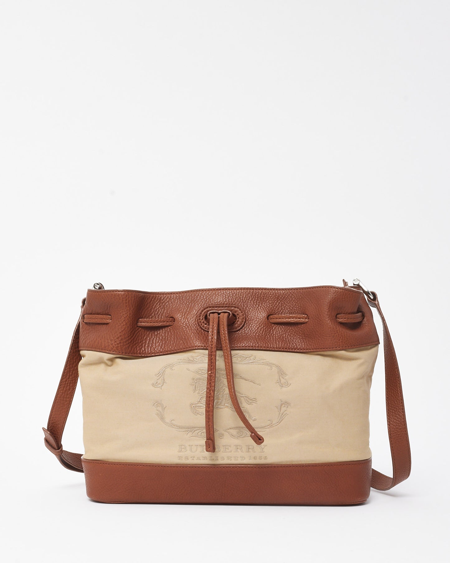 Burberry Tan Leather and Beige Canvas Logo XL Bucket Bag