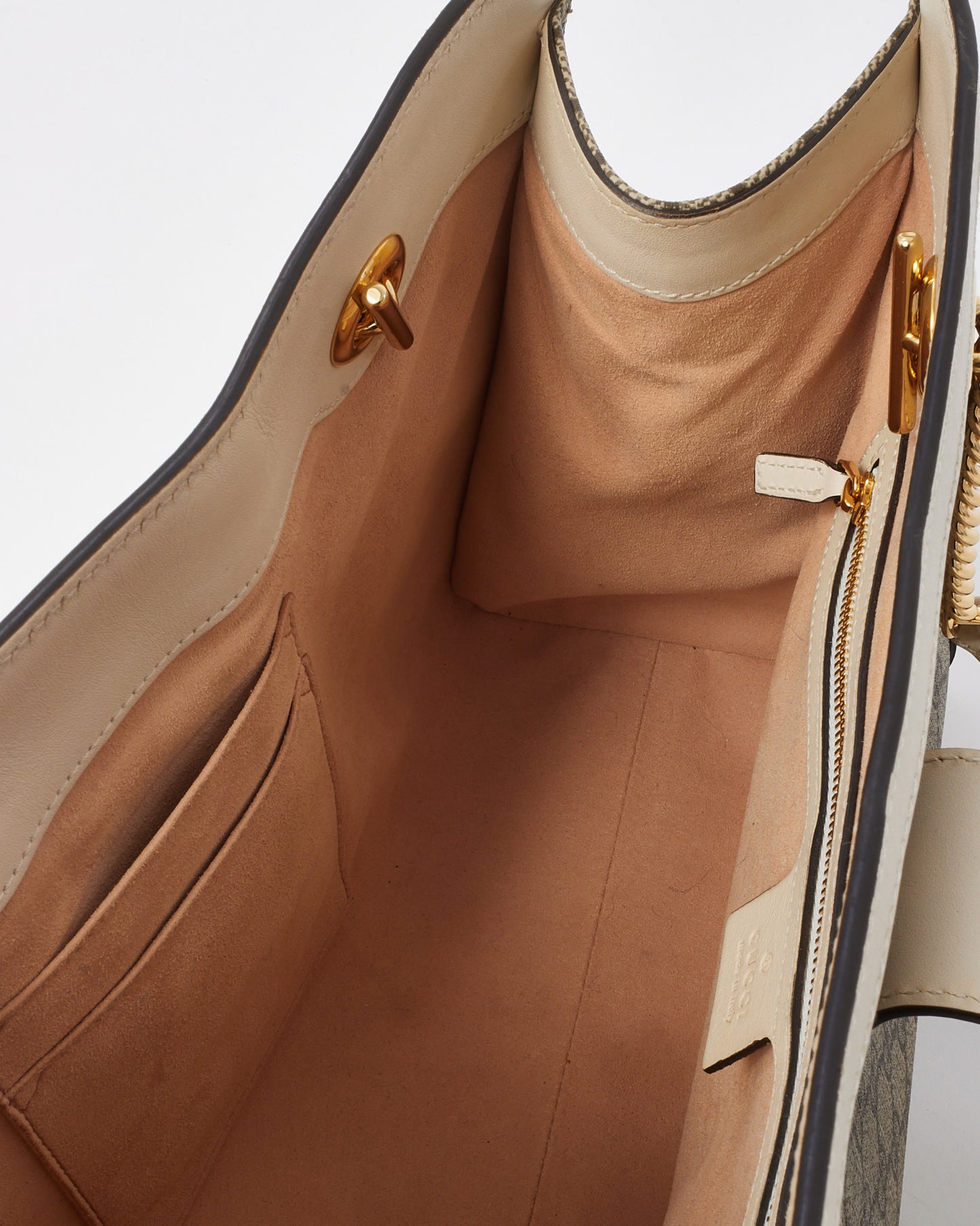 Gucci White Leather Beige/Ebony GG Supreme Coated Canvas Large Padlock Tote Bag