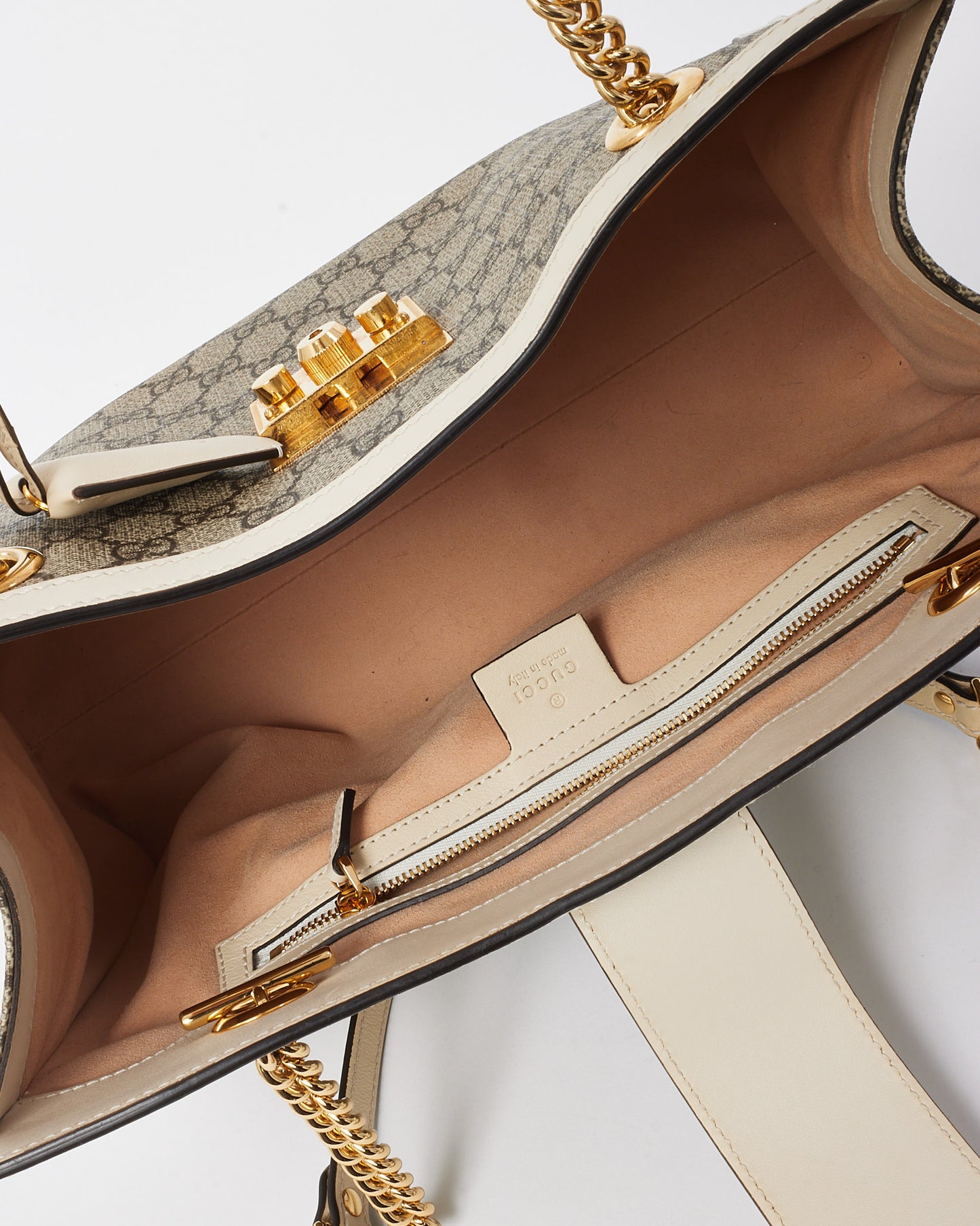 Gucci White Leather Beige/Ebony GG Supreme Coated Canvas Large Padlock Tote Bag