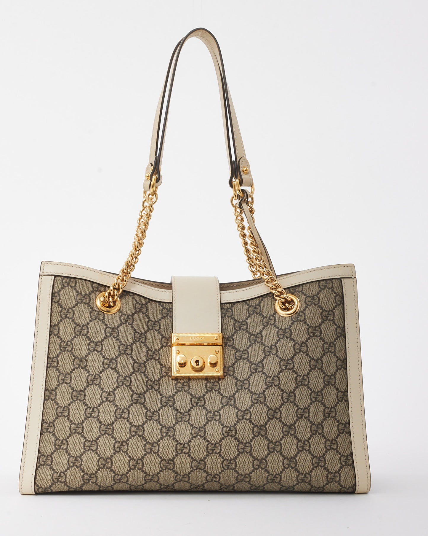 Gucci White Leather Beige/Ebony GG Supreme Coated Canvas Large Padlock Tote Bag