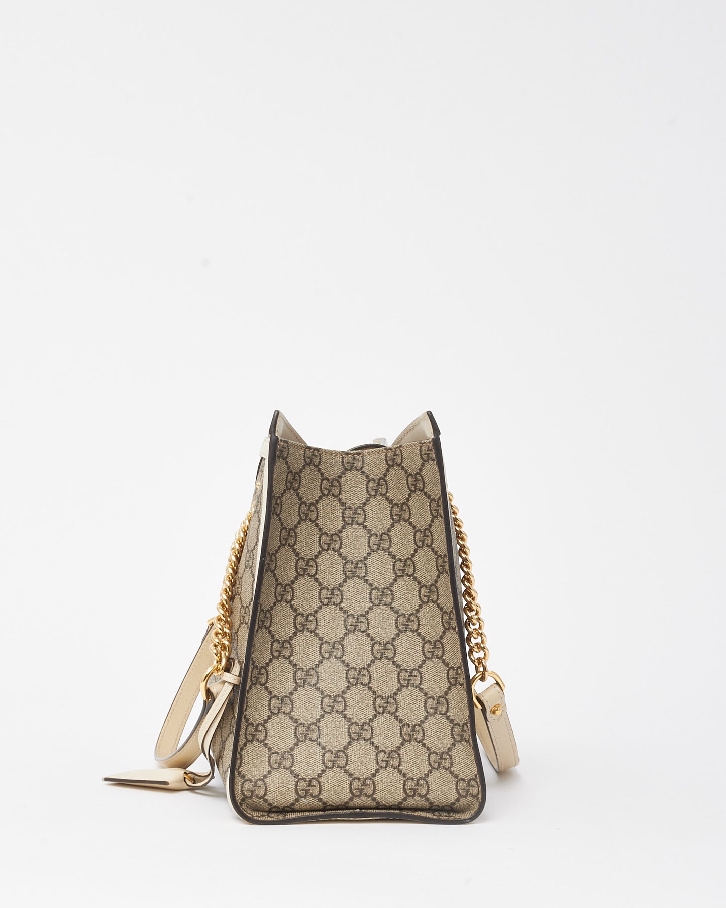 Gucci White Leather Beige/Ebony GG Supreme Coated Canvas Large Padlock Tote Bag