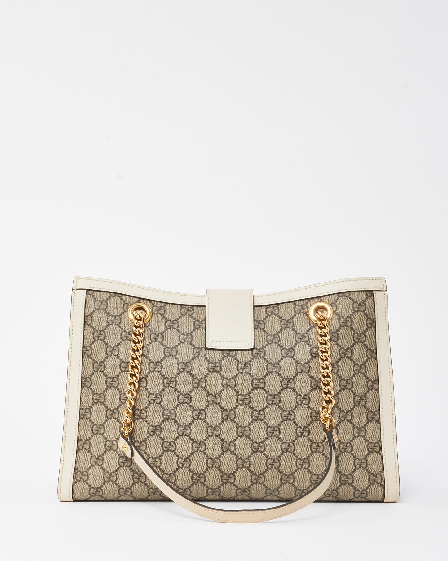 Gucci White Leather Beige/Ebony GG Supreme Coated Canvas Large Padlock Tote Bag