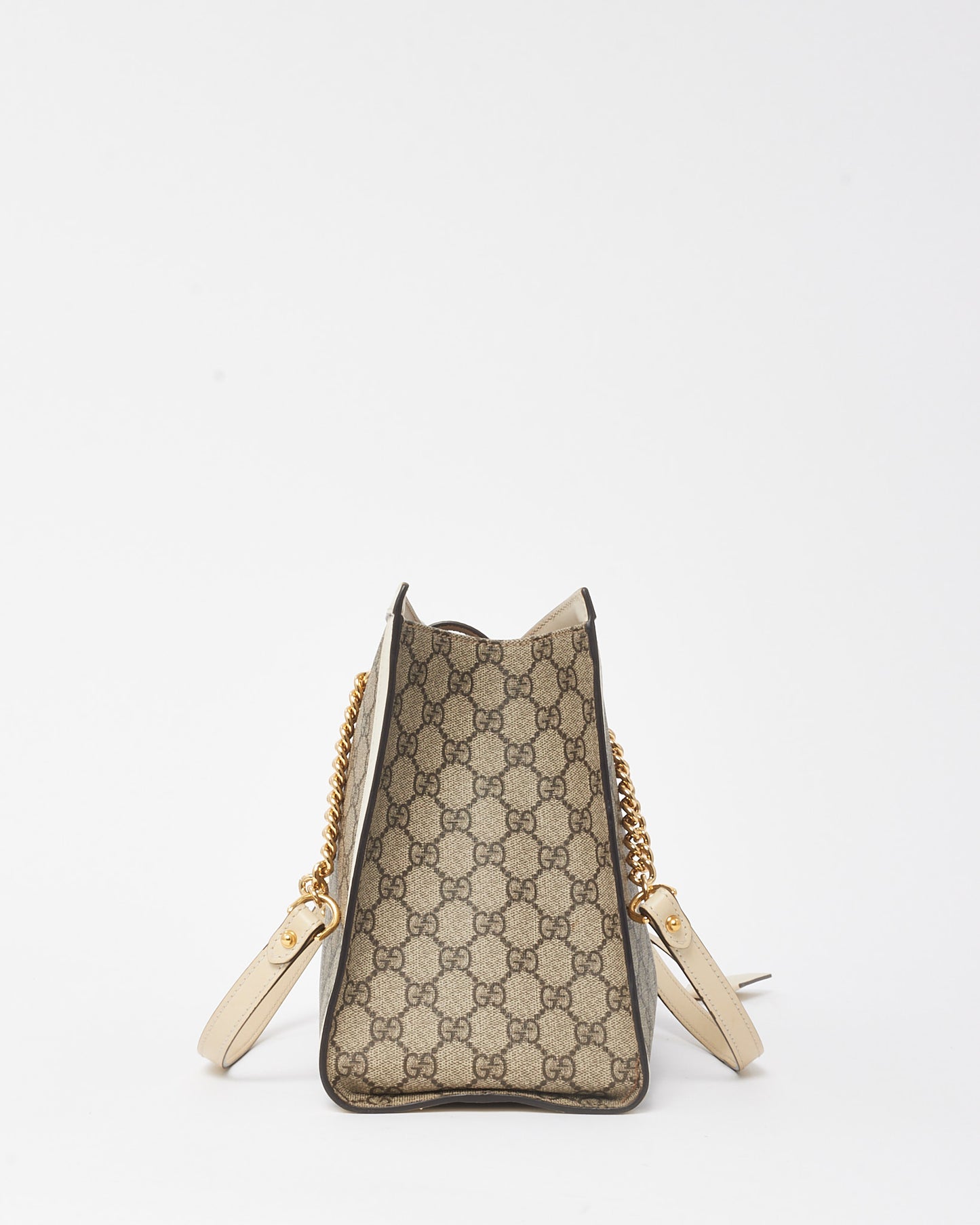 Gucci White Leather Beige/Ebony GG Supreme Coated Canvas Large Padlock Tote Bag