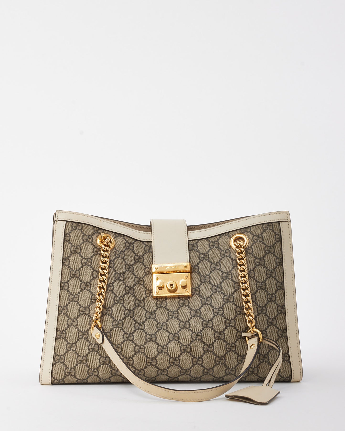 Gucci White Leather Beige/Ebony GG Supreme Coated Canvas Large Padlock Tote Bag