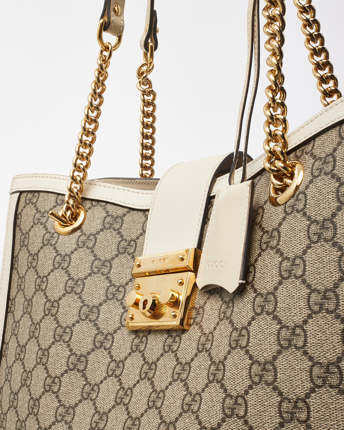 Gucci White Leather Beige/Ebony GG Supreme Coated Canvas Large Padlock Tote Bag