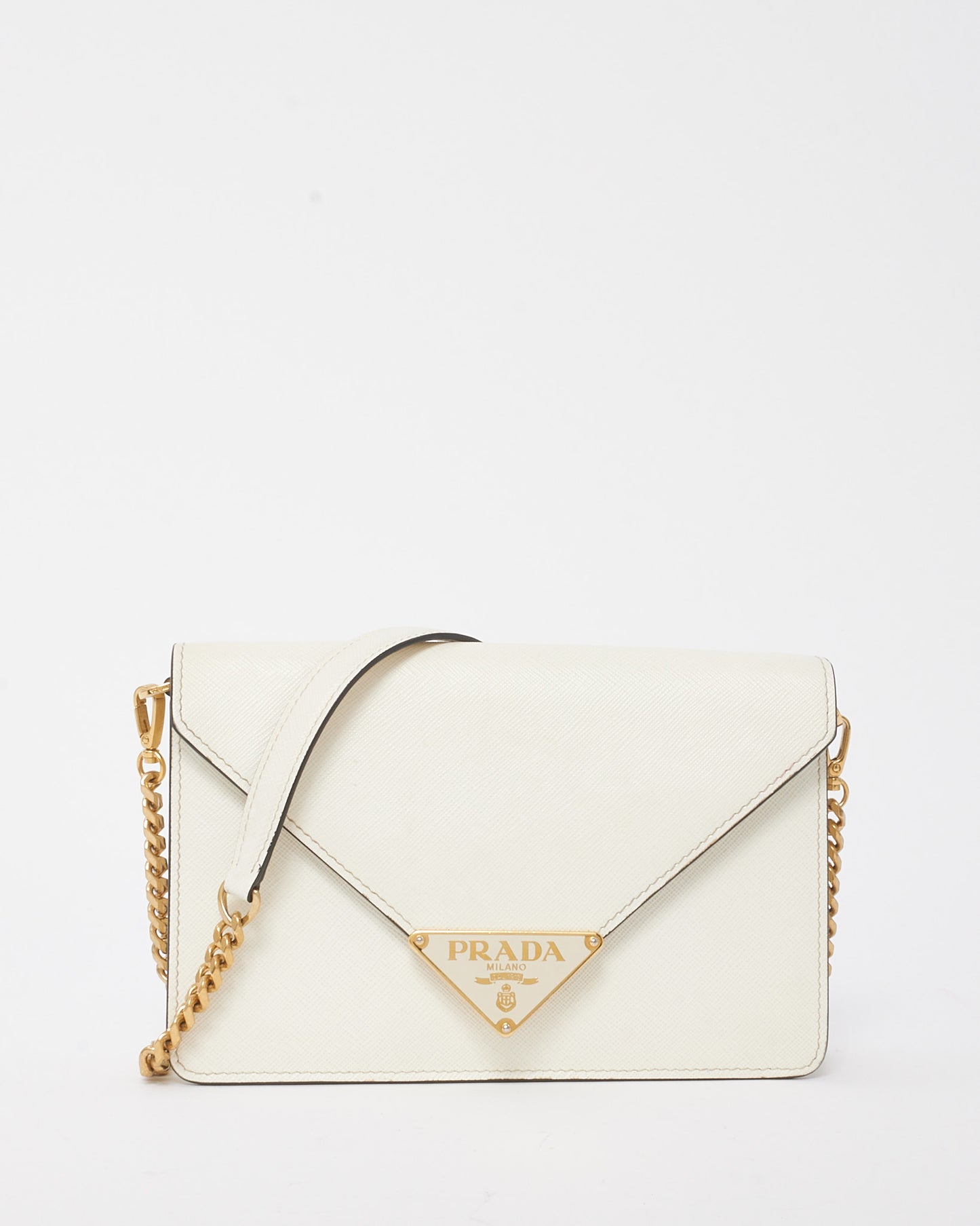 Prada White Saffiano Leather Envelope Flap Logo Chain Shoulder Bag