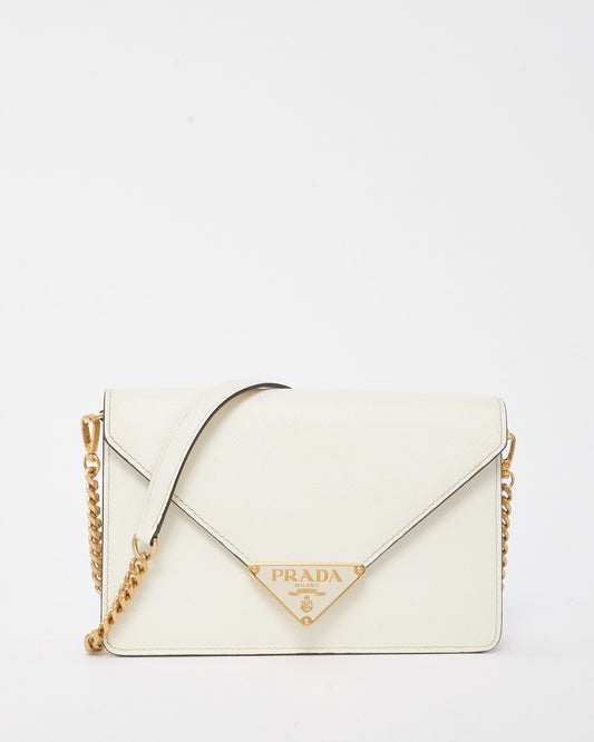 Prada White Saffiano Leather Envelope Flap Logo Chain Shoulder Bag