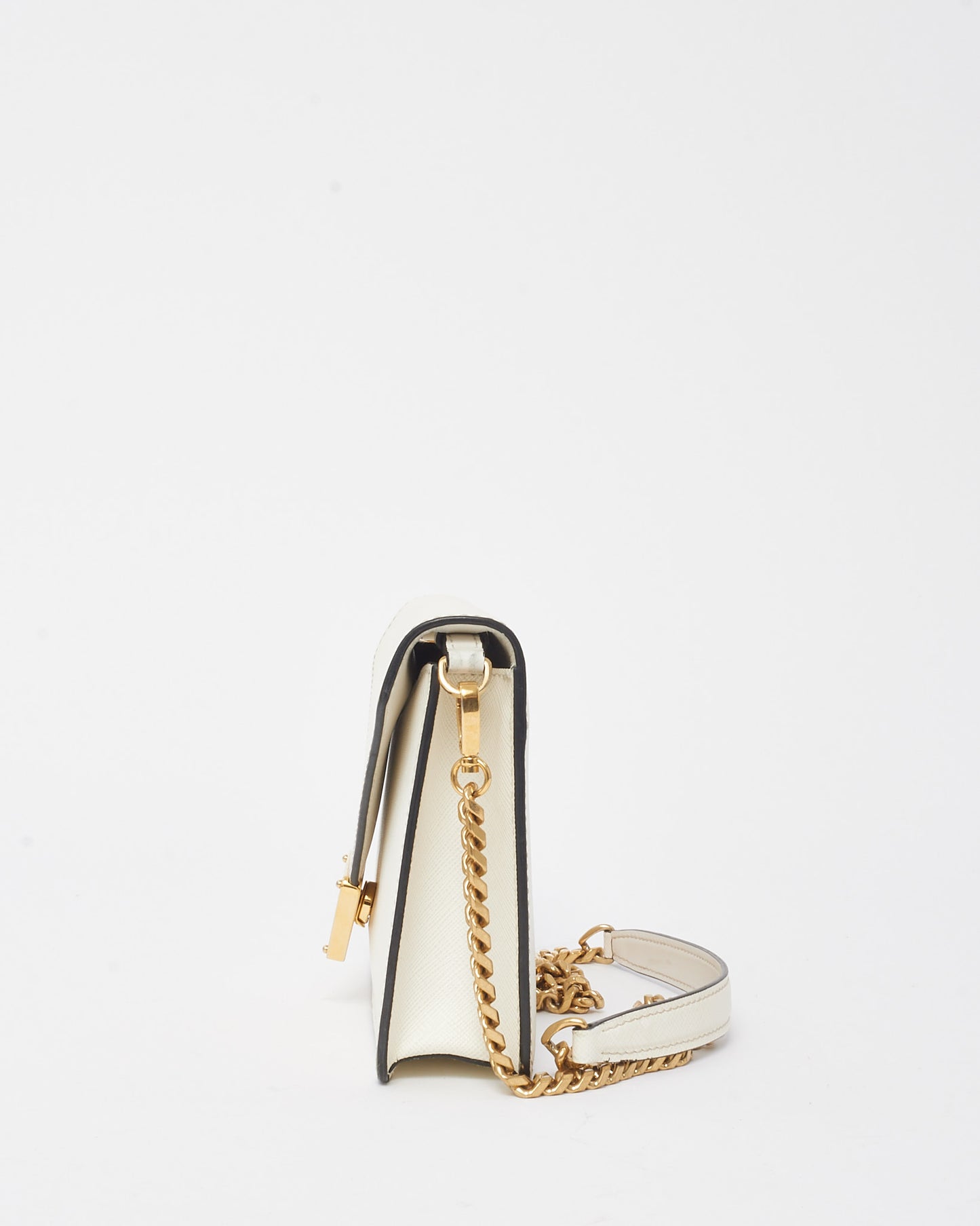 Prada White Saffiano Leather Envelope Flap Logo Chain Shoulder Bag