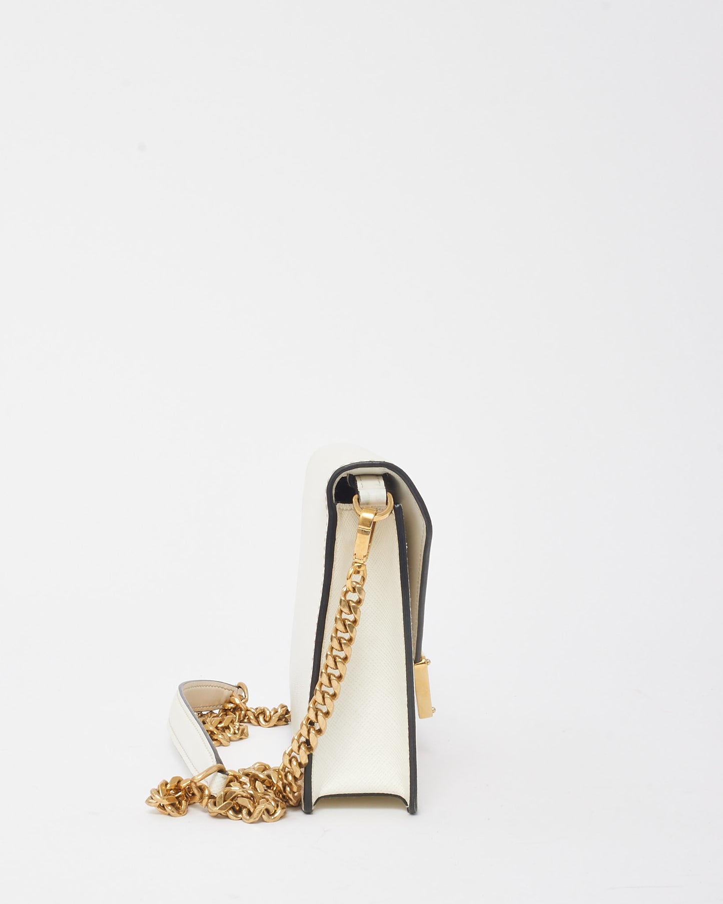 Prada White Saffiano Leather Envelope Flap Logo Chain Shoulder Bag