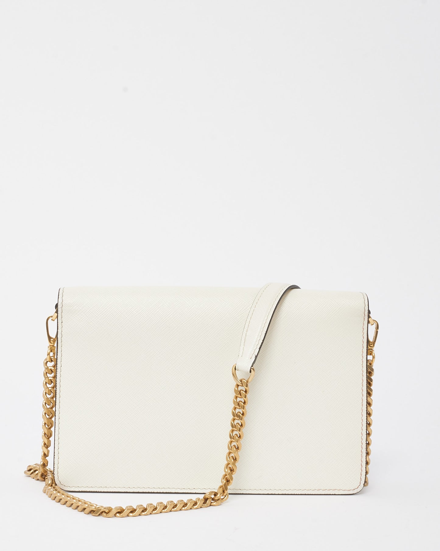 Prada White Saffiano Leather Envelope Flap Logo Chain Shoulder Bag