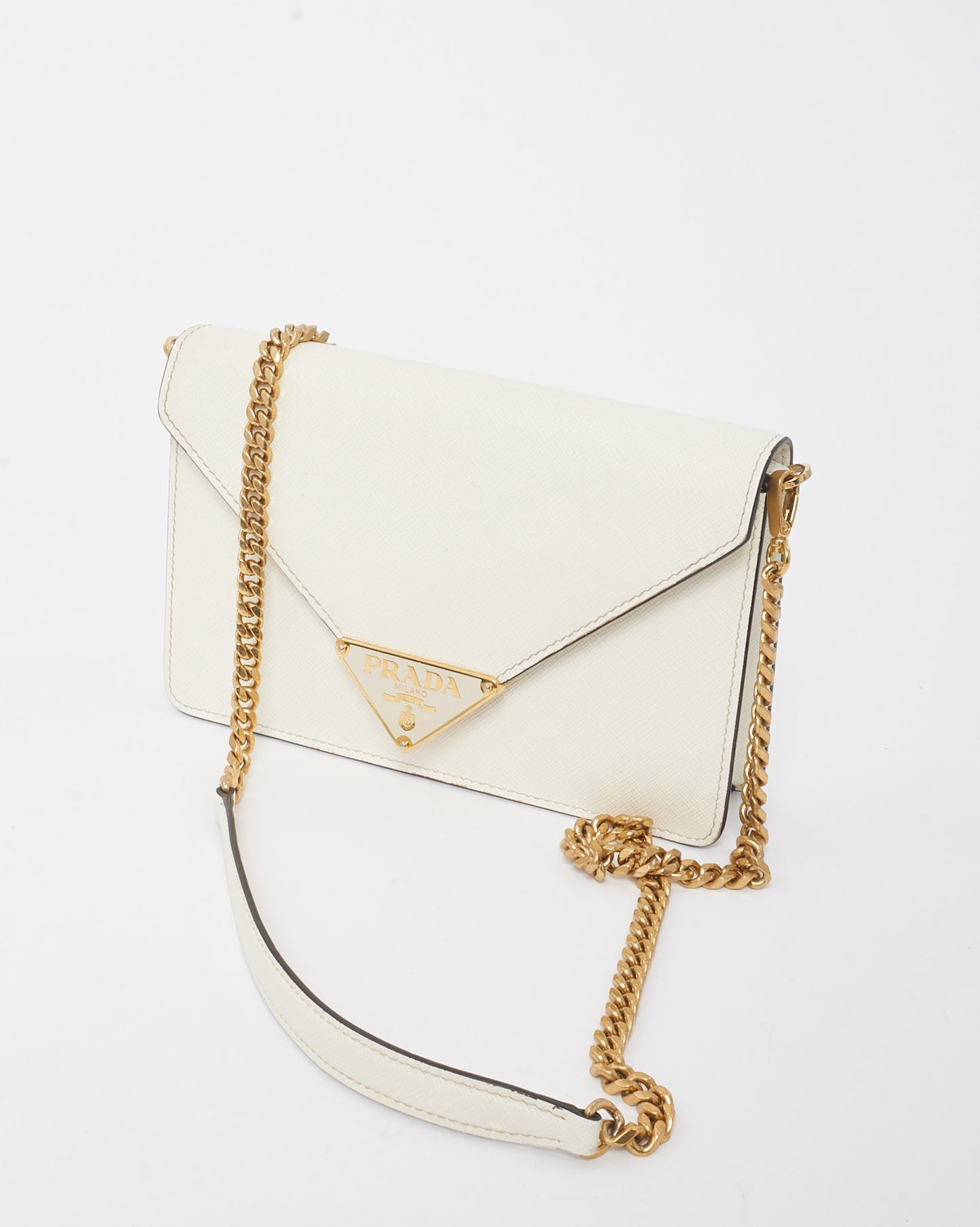 Prada White Saffiano Leather Envelope Flap Logo Chain Shoulder Bag