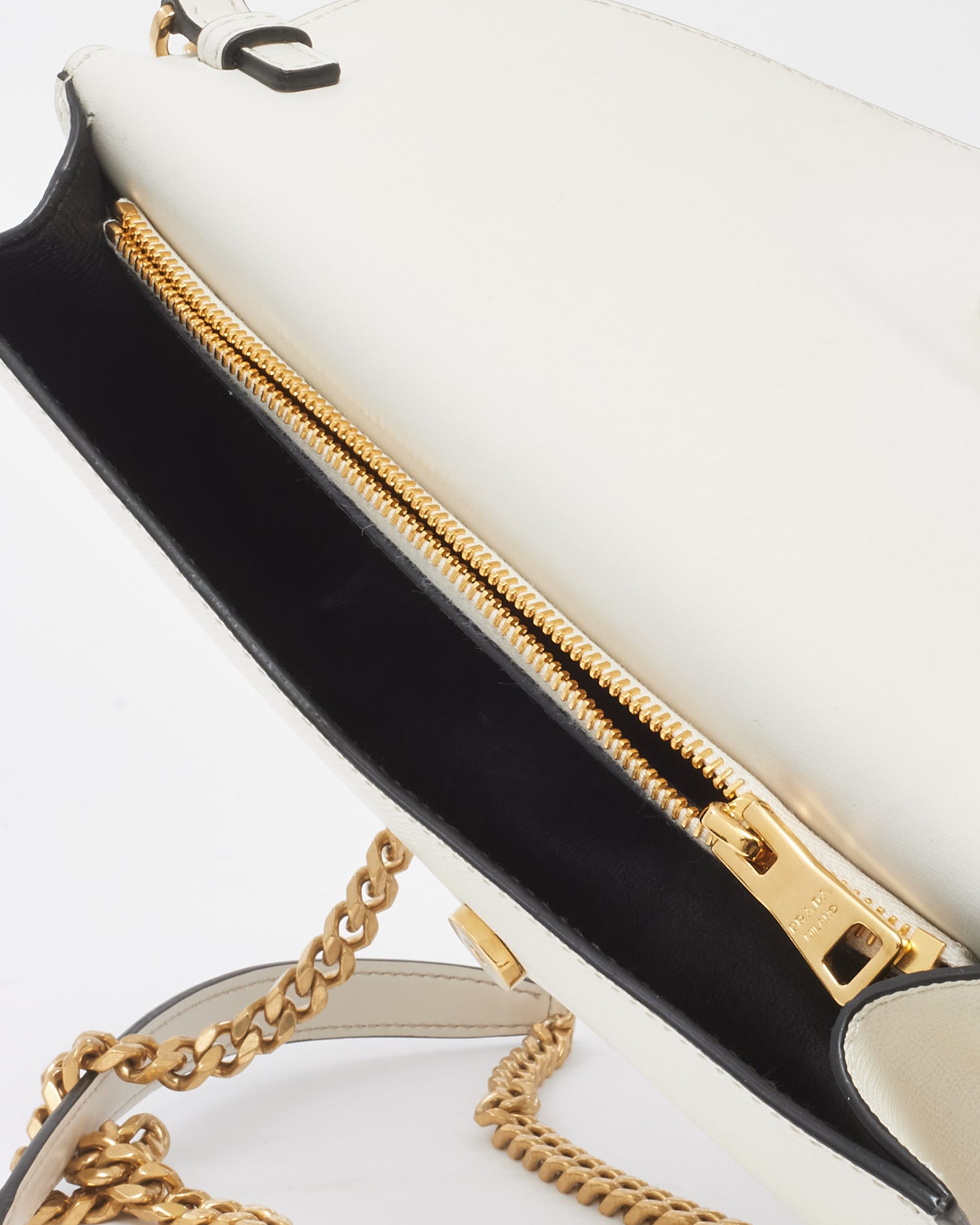 Prada White Saffiano Leather Envelope Flap Logo Chain Shoulder Bag