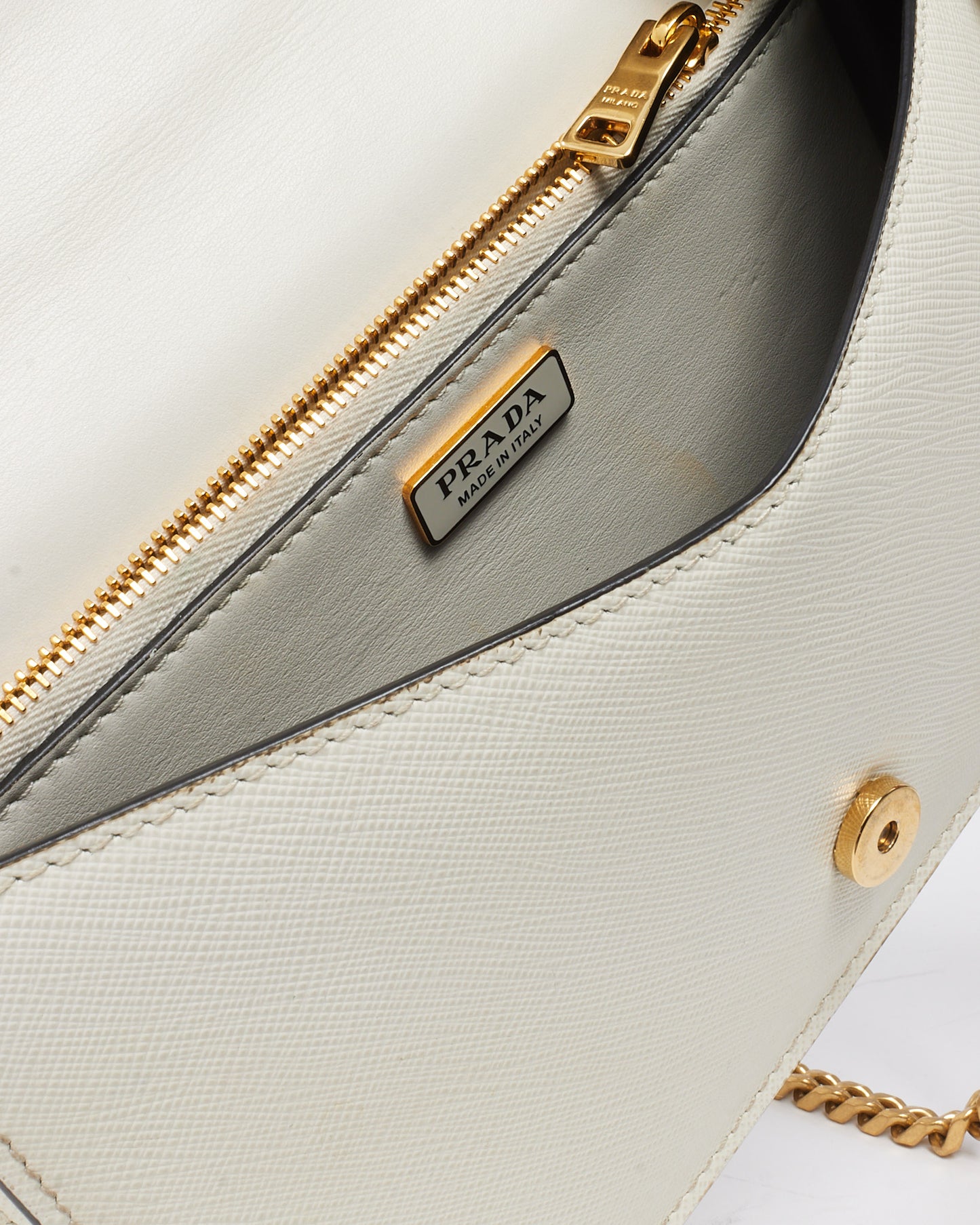 Prada White Saffiano Leather Envelope Flap Logo Chain Shoulder Bag