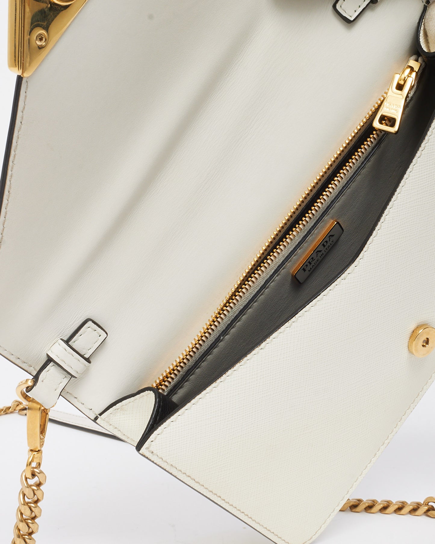 Prada White Saffiano Leather Envelope Flap Logo Chain Shoulder Bag