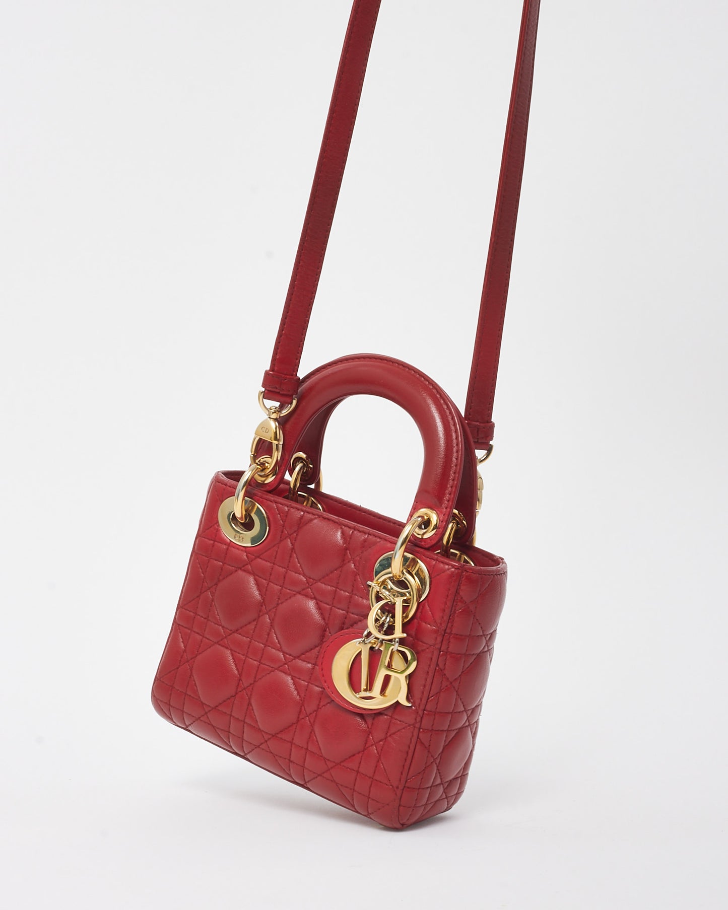 Dior Red Cannage Lambskin Leather Mini Lady Dior Bag GHW
