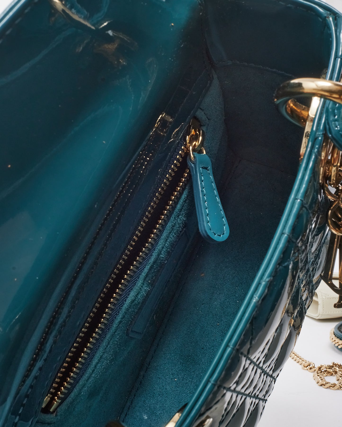 Dior Teal Blue Cannage Patent Leather Mini Lady Dior Bag GHW