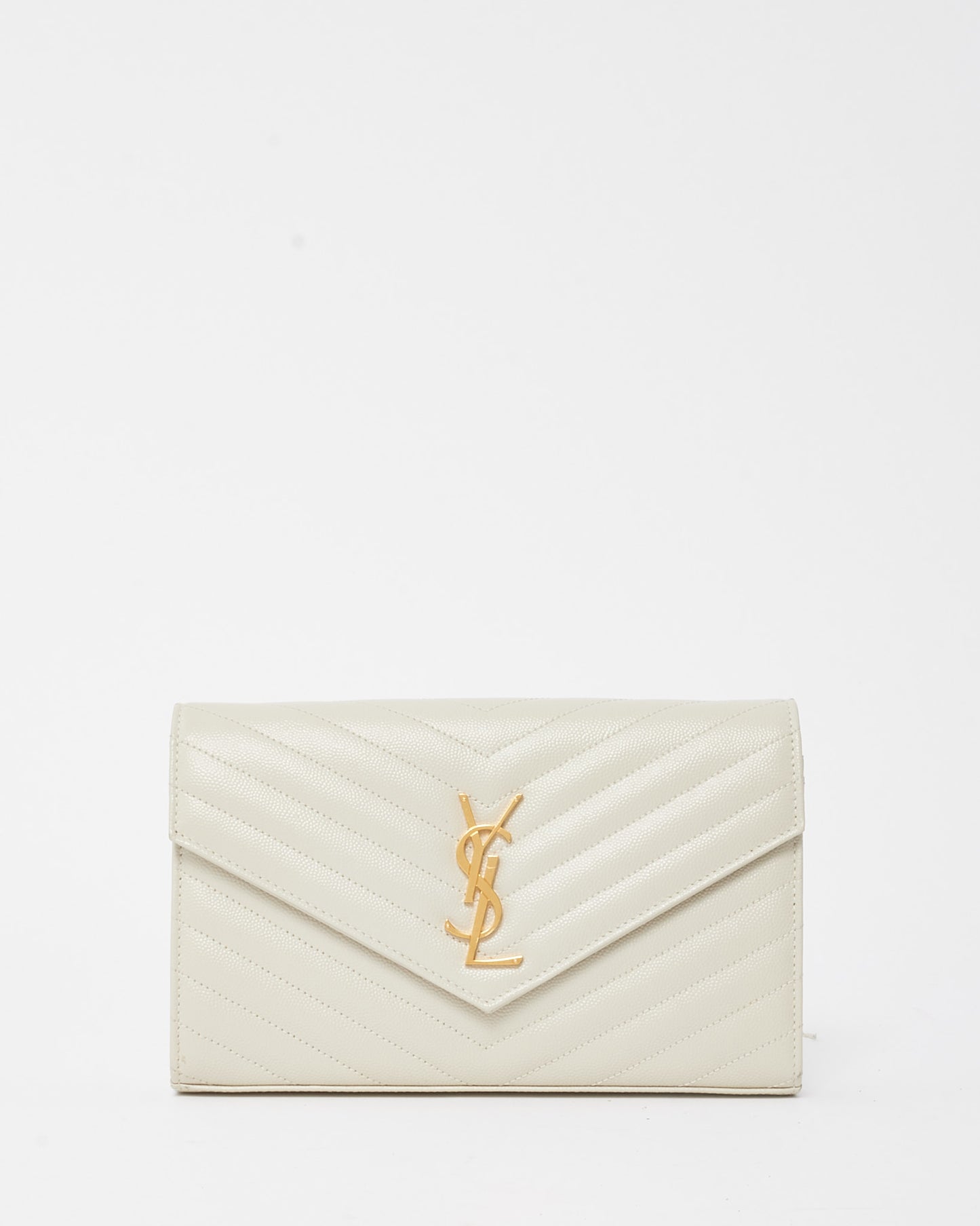 Saint Laurent White Grain de Poudre Leather Classic Cassandre Chain Wallet Crossbody GHW