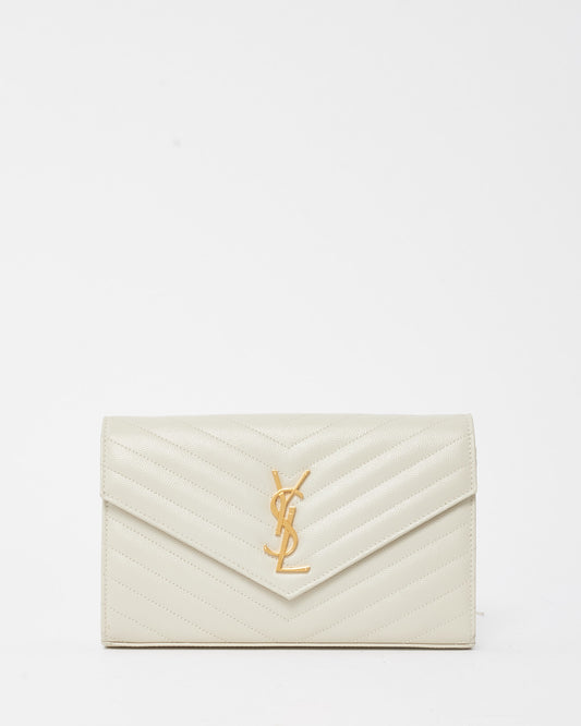 Saint Laurent White Grain de Poudre Leather Classic Cassandre Chain Wallet Crossbody GHW