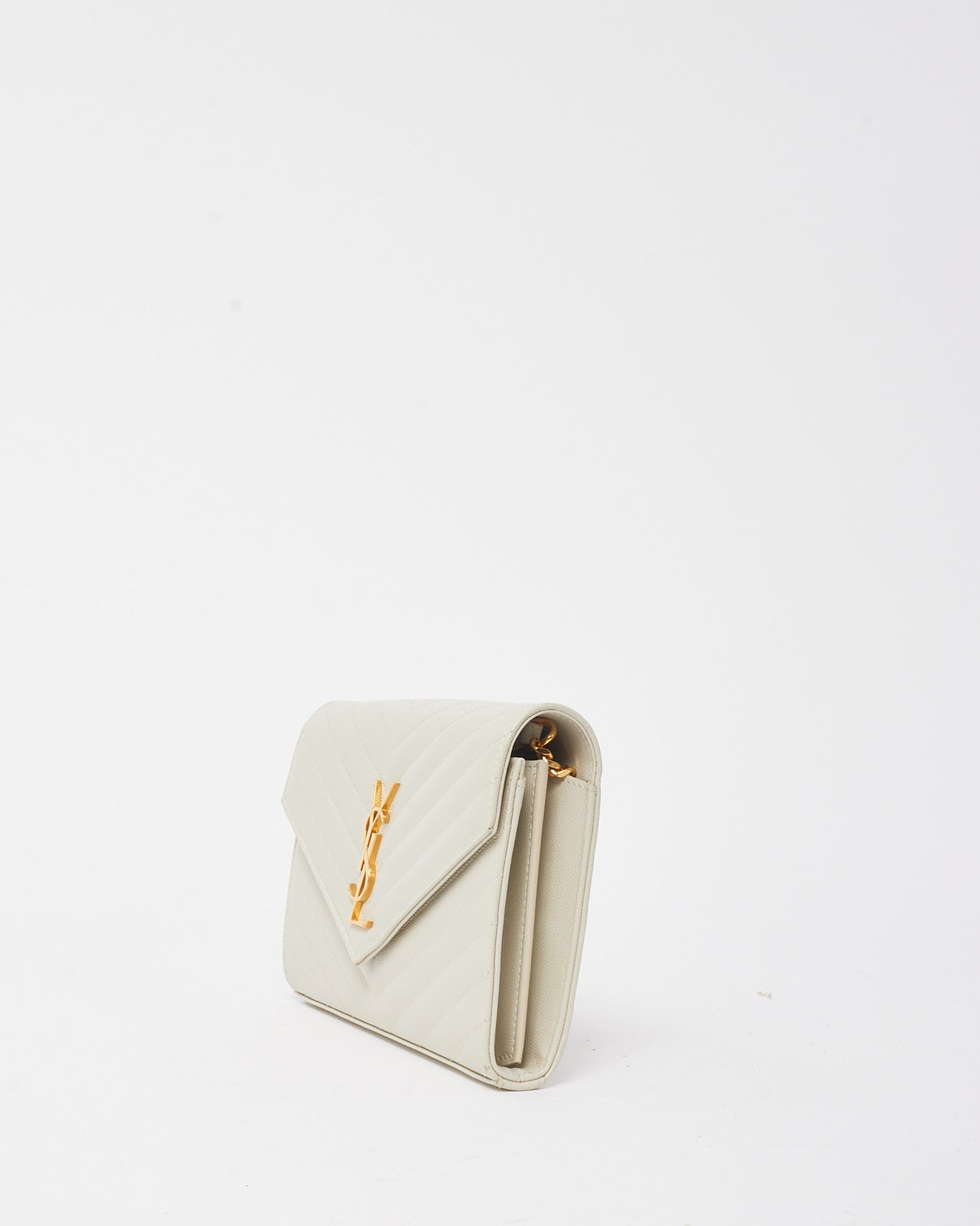 Saint Laurent White Grain de Poudre Leather Classic Cassandre Chain Wallet Crossbody GHW