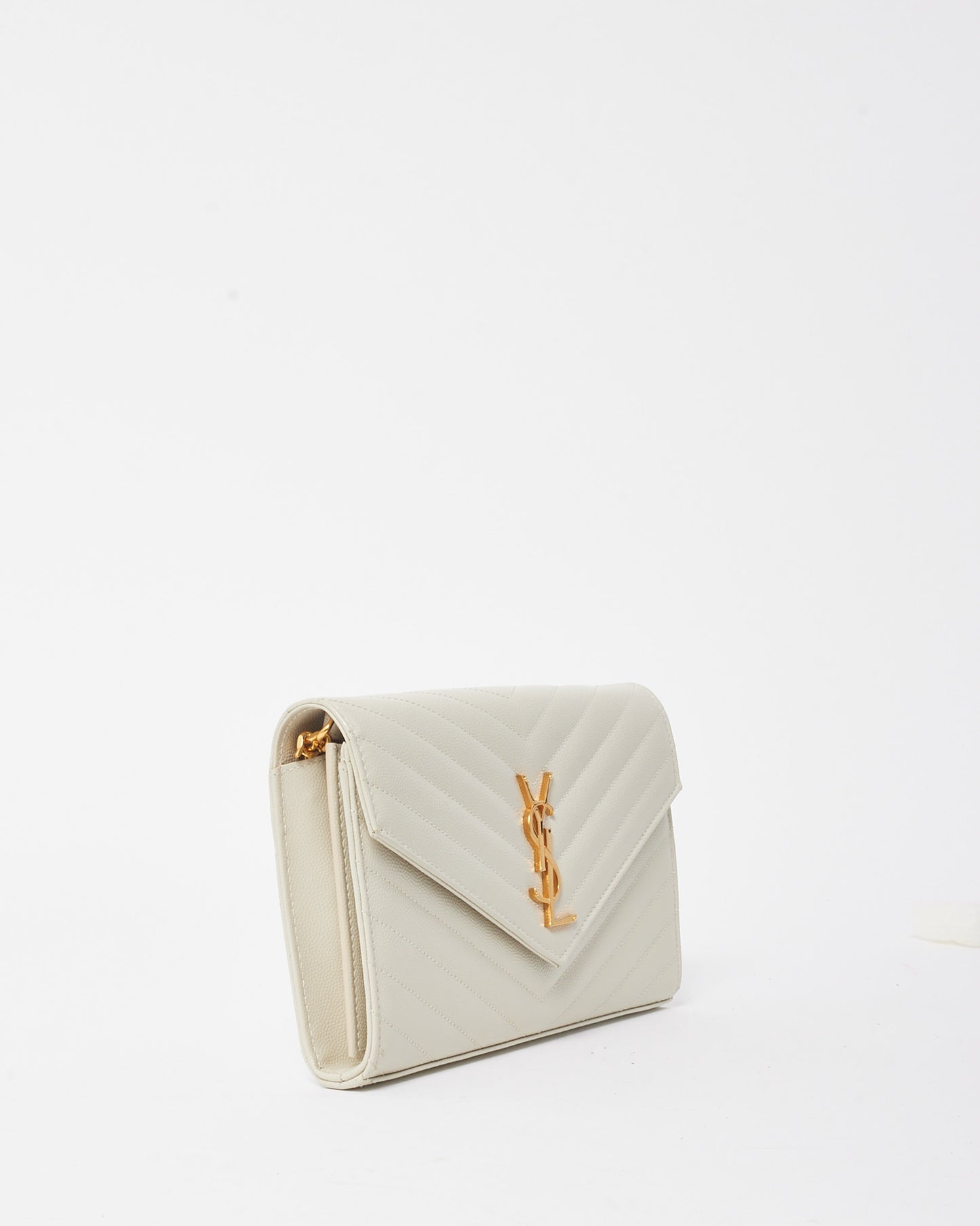Saint Laurent White Grain de Poudre Leather Classic Cassandre Chain Wallet Crossbody GHW