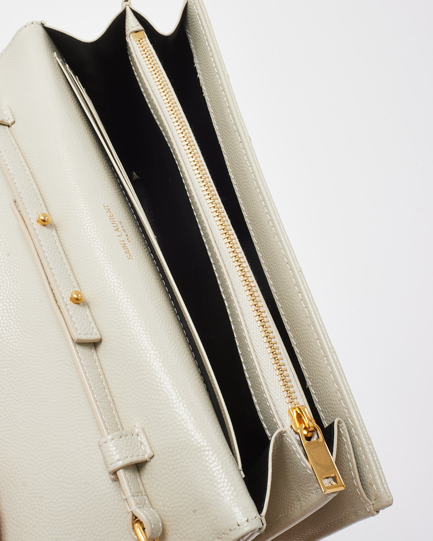 Saint Laurent White Grain de Poudre Leather Classic Cassandre Chain Wallet Crossbody GHW