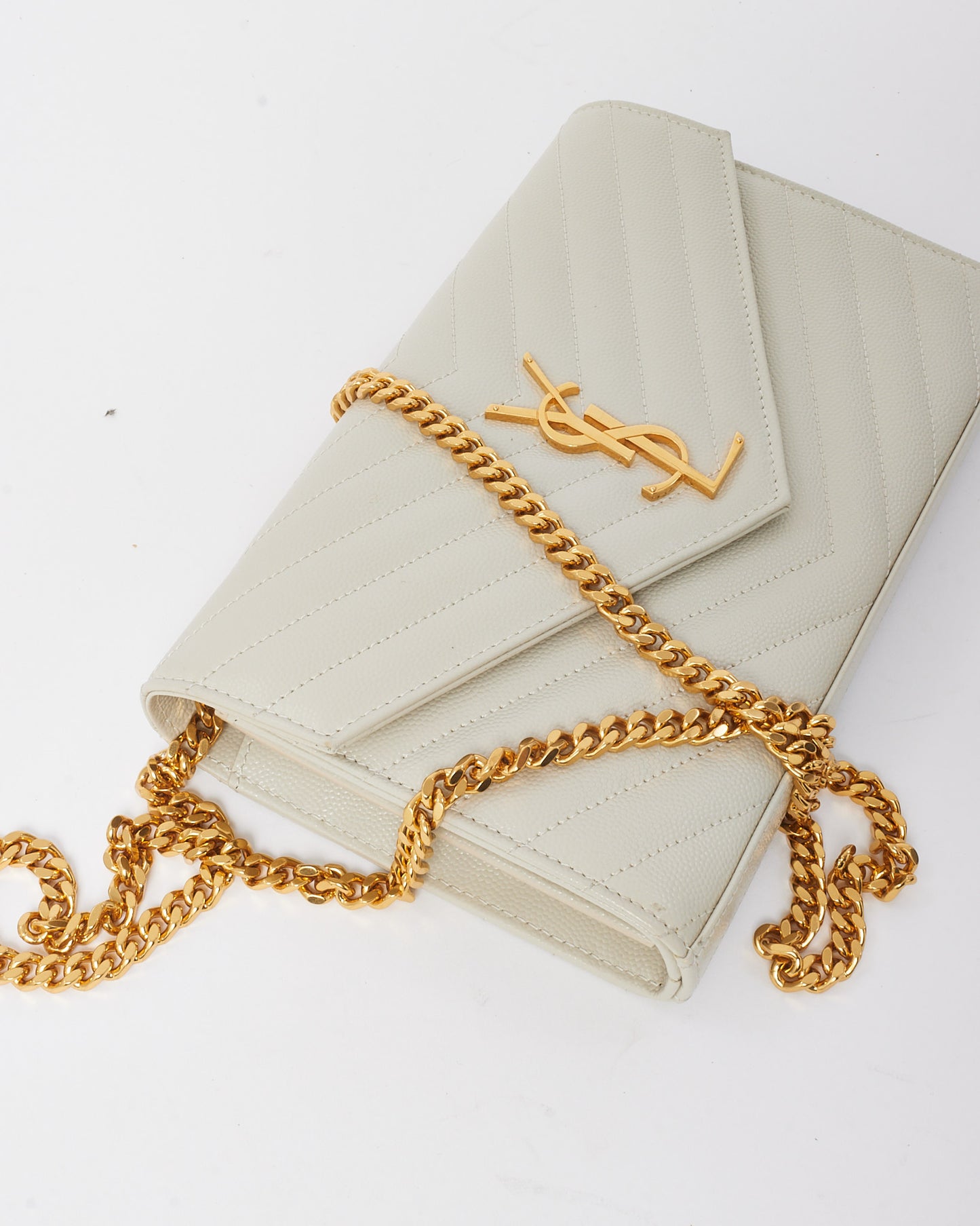 Saint Laurent White Grain de Poudre Leather Classic Cassandre Chain Wallet Crossbody GHW