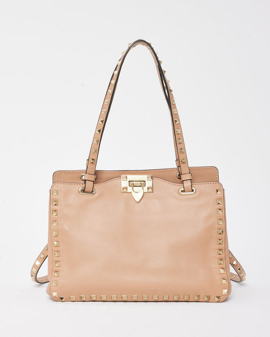 Valentino Soft Pink Leather Gold Rockstud Flip Lock Trapeze 2Way Shoulder Bag with Strap
