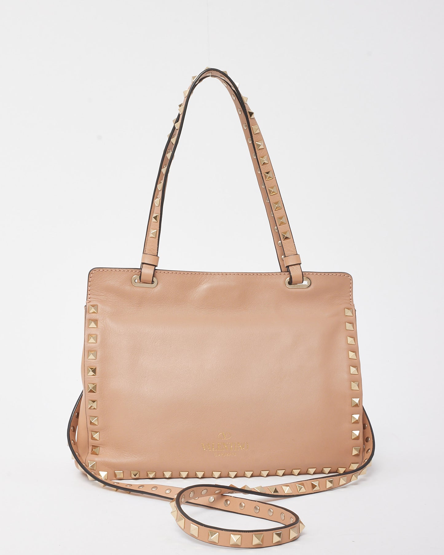 Valentino Soft Pink Leather Gold Rockstud Flip Lock Trapeze 2Way Shoulder Bag with Strap