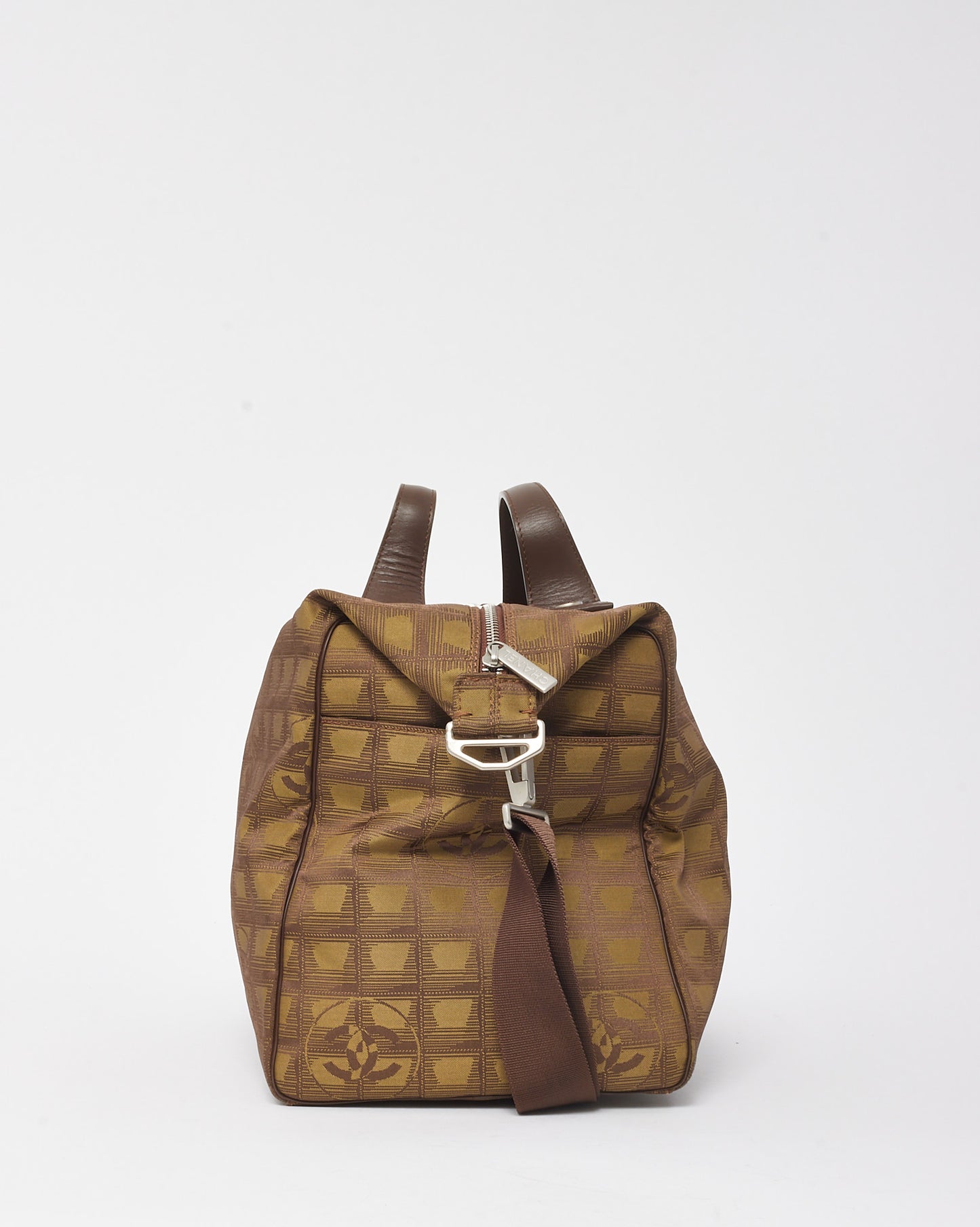 Chanel Brown CC Logo Travel Line Nylon Boston 2Way Duffle Bag