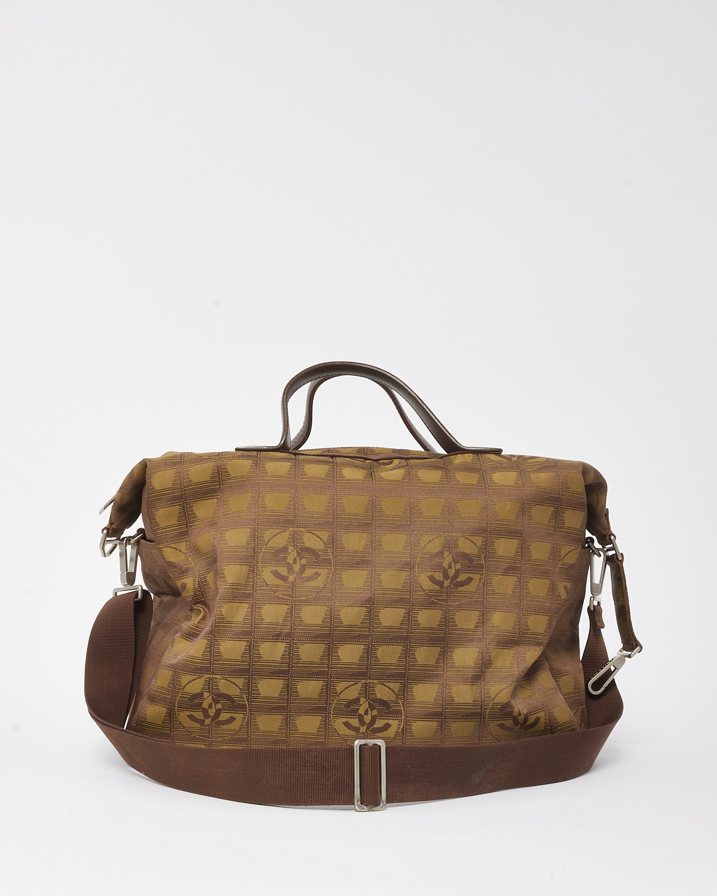 Chanel Brown CC Logo Travel Line Nylon Boston 2Way Duffle Bag