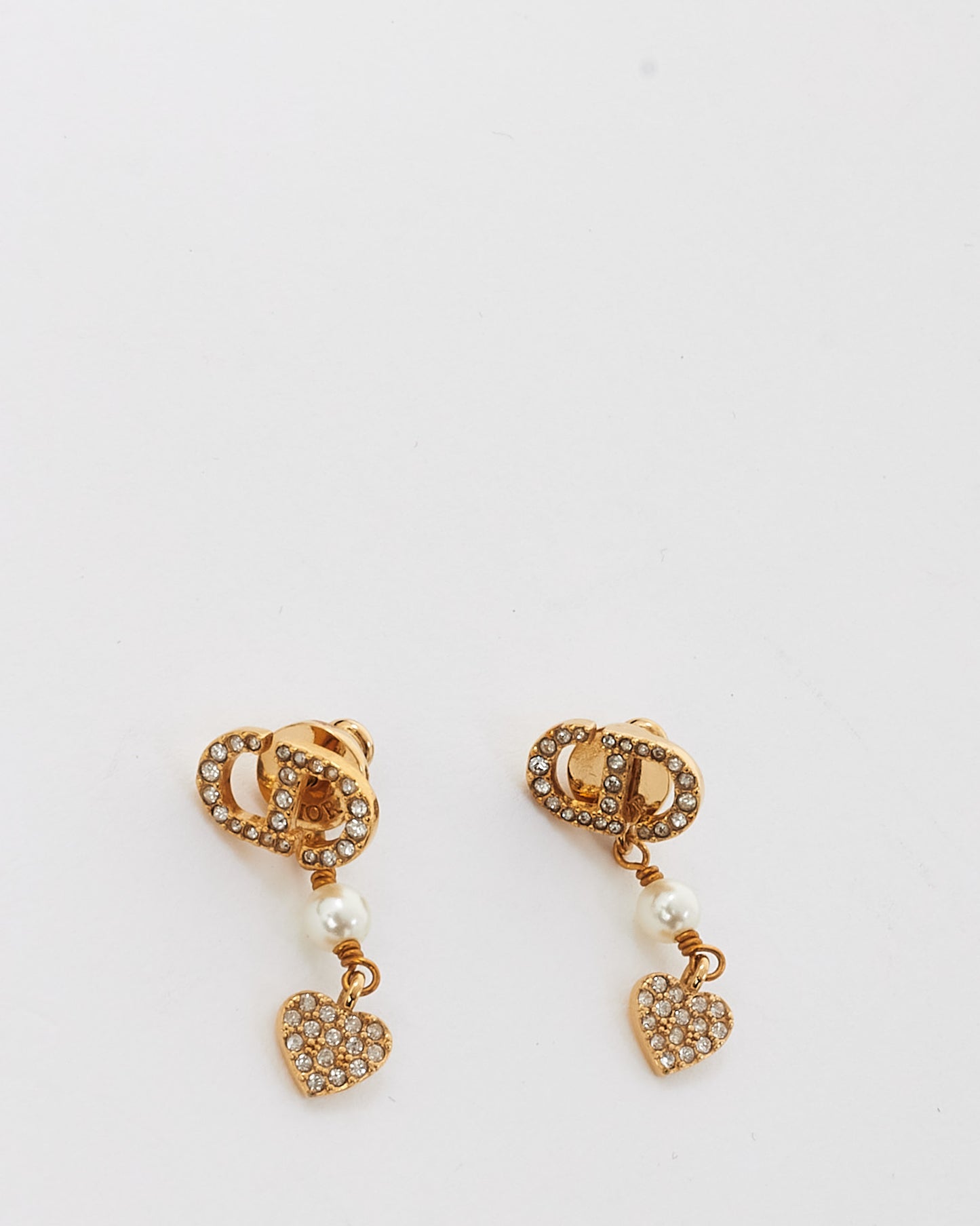 Dior Gold-Finish Metal and White Crystal Rhinestone CD Heart and Pearl Drop Earrings