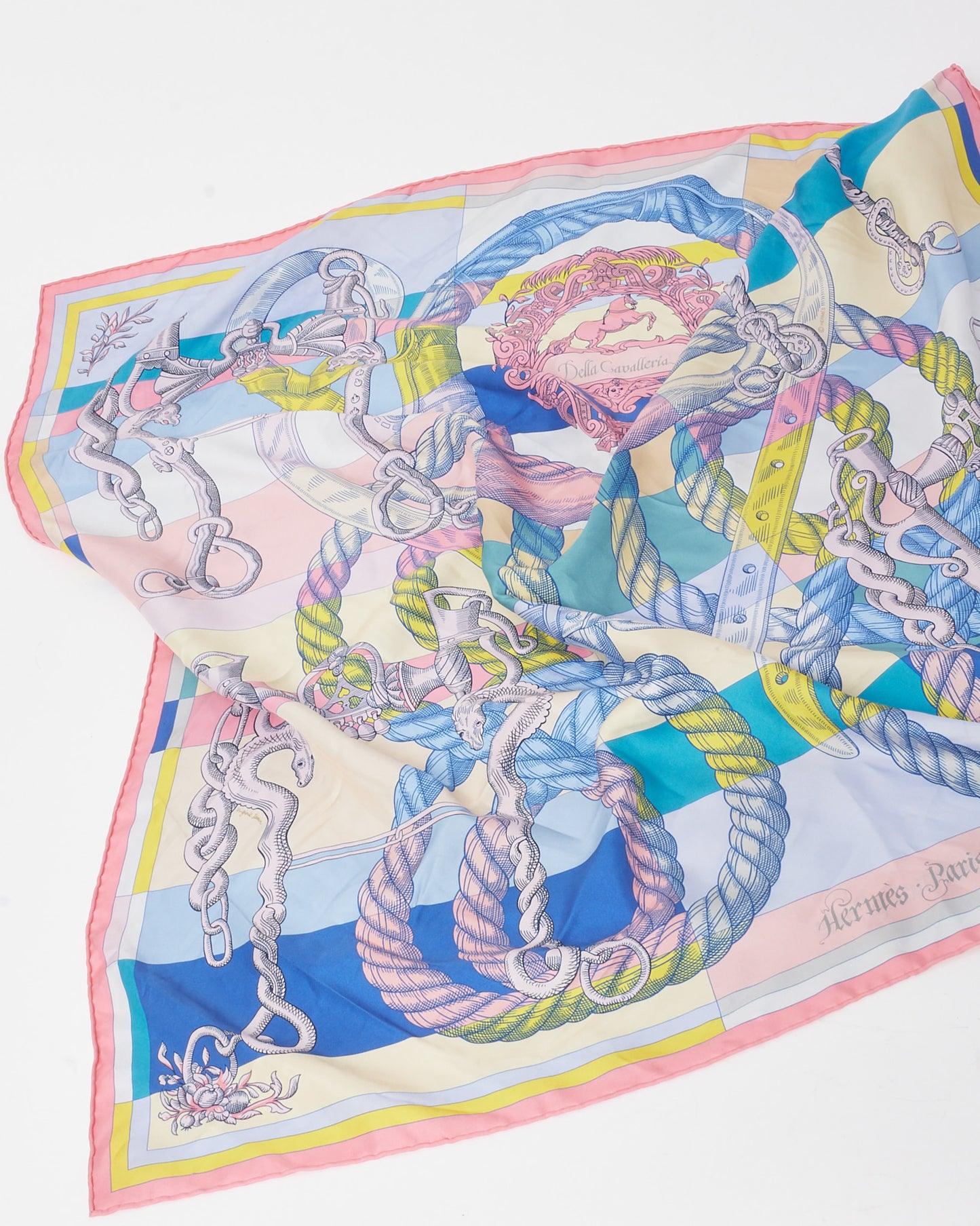 Hermès Pink/Blue/Yellow Multi "Della Cavalleria Double Face" Silk Scarf 90