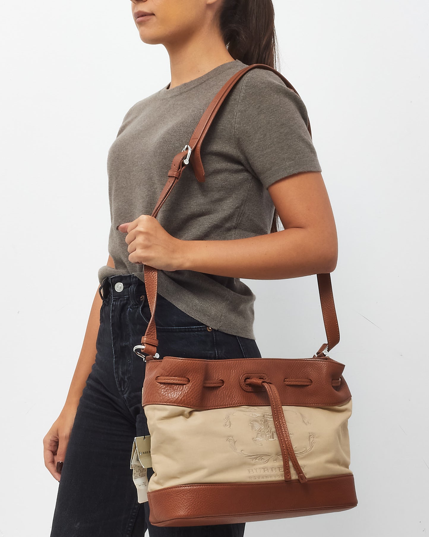 Burberry Tan Leather and Beige Canvas Logo XL Bucket Bag
