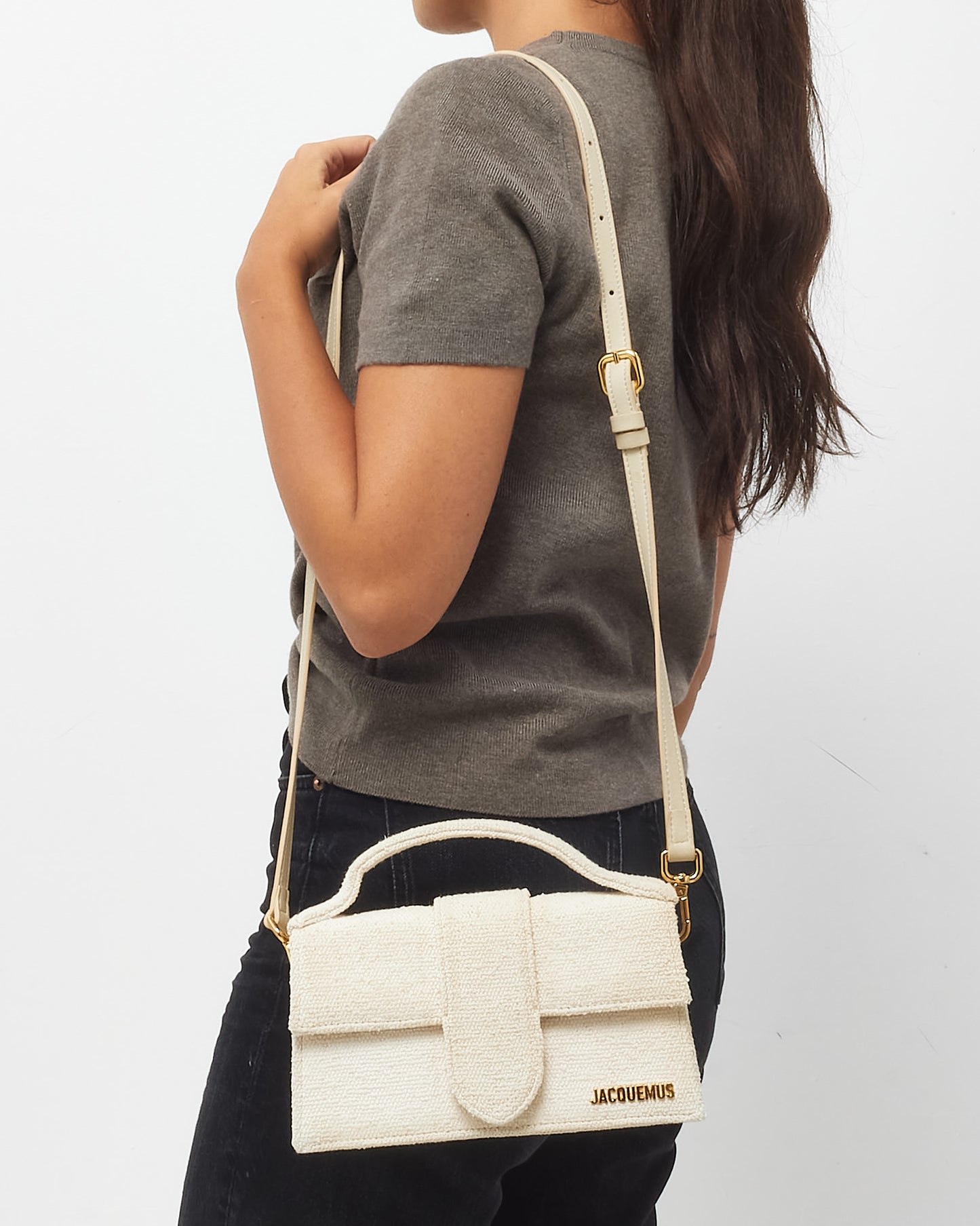 Jacquemus Off White Tweed Le Grand Bambino Bag with Strap