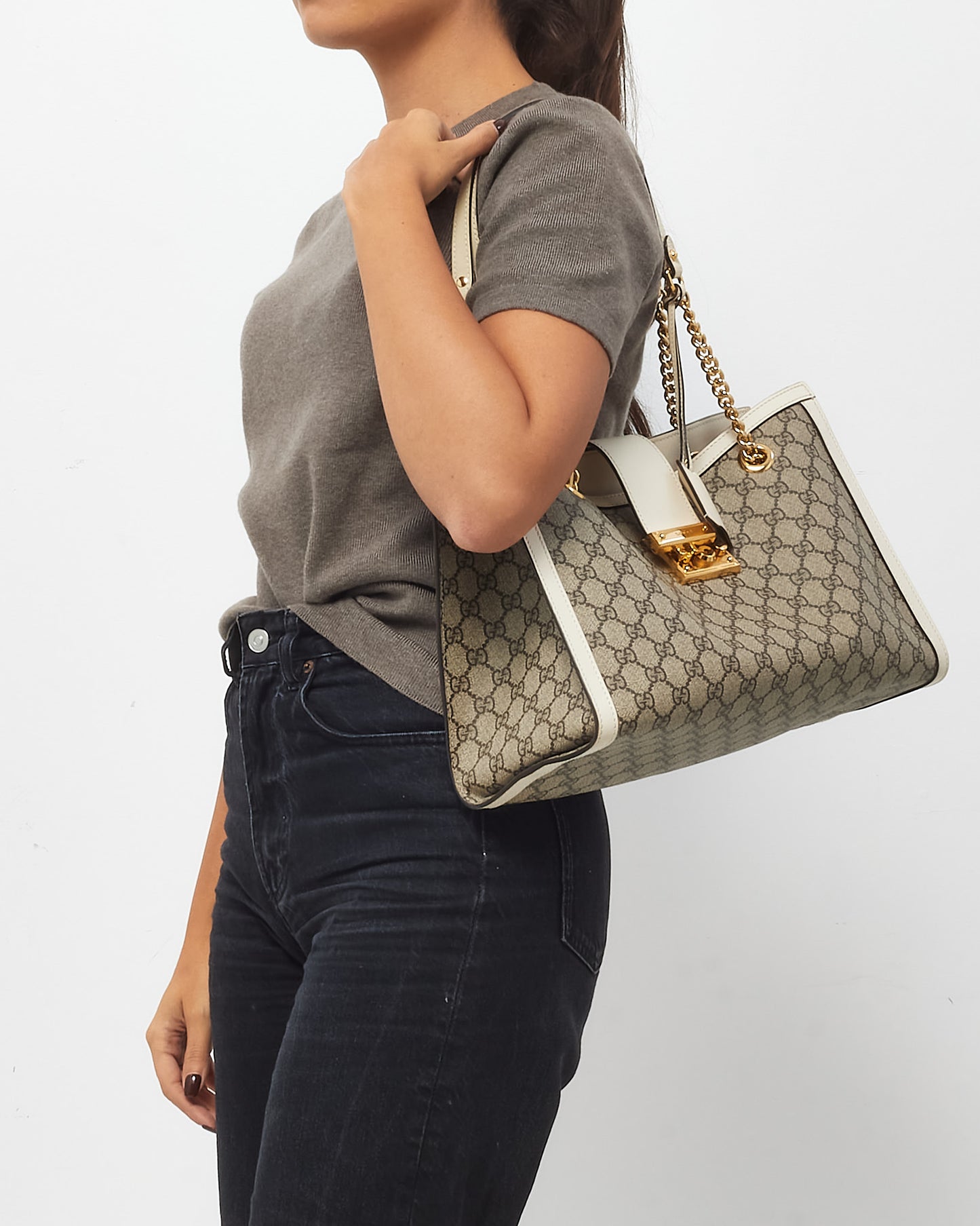 Gucci White Leather Beige/Ebony GG Supreme Coated Canvas Large Padlock Tote Bag