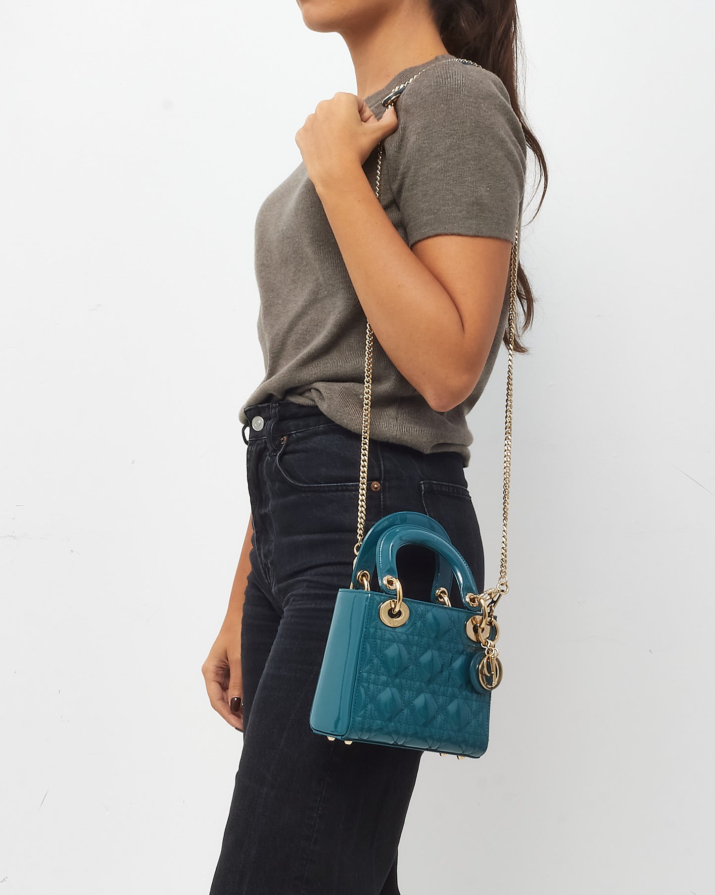 Dior Teal Blue Cannage Patent Leather Mini Lady Dior Bag GHW