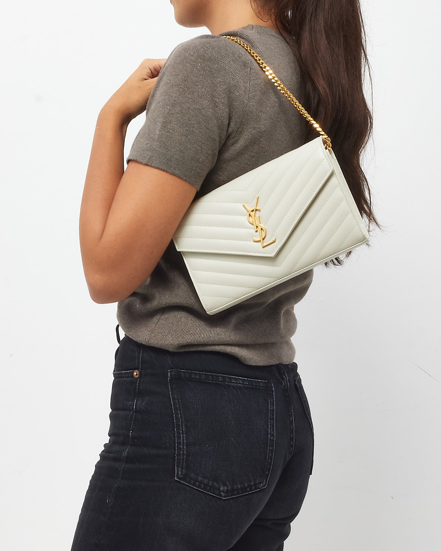 Saint Laurent White Grain de Poudre Leather Classic Cassandre Chain Wallet Crossbody GHW