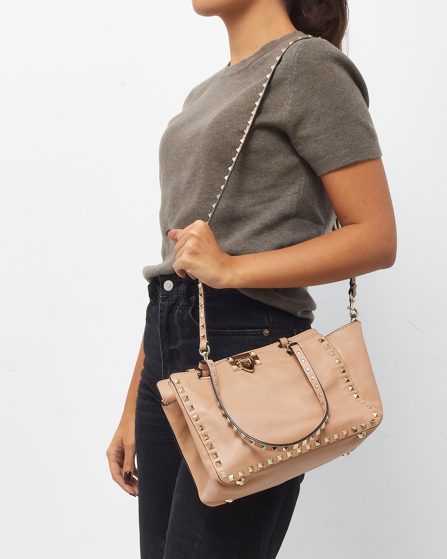 Valentino Soft Pink Leather Gold Rockstud Flip Lock Trapeze 2Way Shoulder Bag with Strap