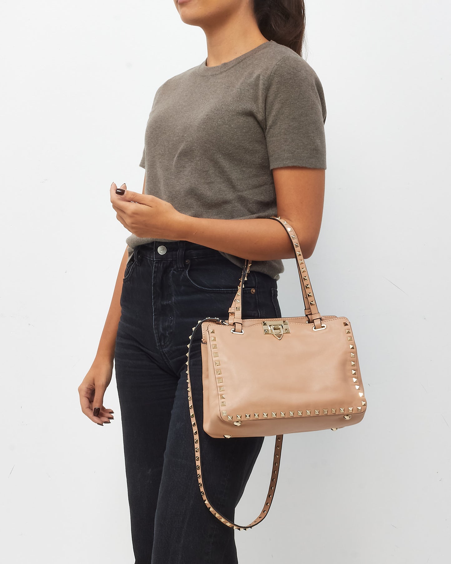 Valentino Soft Pink Leather Gold Rockstud Flip Lock Trapeze 2Way Shoulder Bag with Strap